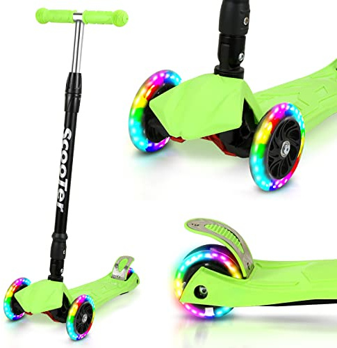 Tubiaz Kinderroller, Dreiradscooter mit 3 LED Leuchtenden Räder, Höhenverstellbarer Kinder Scooter, Faltbar Tretroller, Hinterbremsen, Maximale 50 KG, für Kinder Roller ab 3-14 Jahre