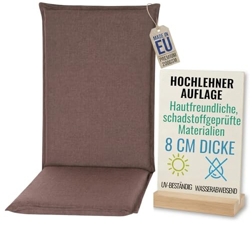 Pillows24 Hochlehner Auflagen 120x50x8cm, Wasserabweisend & UV-fest | Premium-Material 200gsm, Extra dicke Polsterung 8 cm, Sitzauflagen Hochlehner, Sitzkissen Gartenstuhlauflagen, Braun
