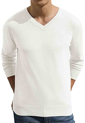 Sailwind Suéter de punto para hombre con cuello en V casual, de punto suave, suéter de invierno de manga larga, blanco, M