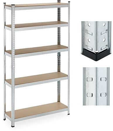 Relaxdays Schwerlastregal, 5 Ebenen, HBT 180x100x30 cm, 500 kg Tragkraft, Stahl, Lagerregal für Keller & Garage, Silber