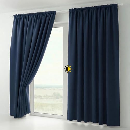 BEAUTEX 2er Set Kräuselband Verdunkelungsvorhang mit U-Band, Gardinen abdunkelnd und Blickdicht (B=140 cm, H=145 cm, Navyblau)