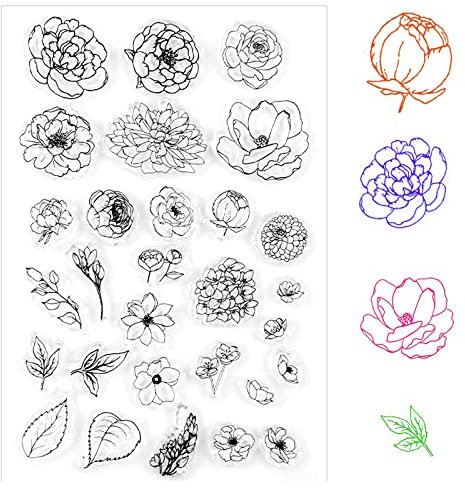 Silikonstempel Blumen und Blätter, Silikonstempel Clear Stamp Set Vintage Silikon Stempelset für DIY Bullet Journal Scrapbooking Fotoalbum Geburtstag Stempelset