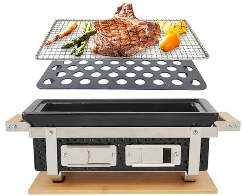 AUPLEX Hibachi - Griglia rettangolare in ceramica a carbone, barbecue giapponese Yakitori, da tavolo, per campeggio, con tavola in bambù, regalo per il Ringraziamento, San Valentino, Natale, 50,5 x 22