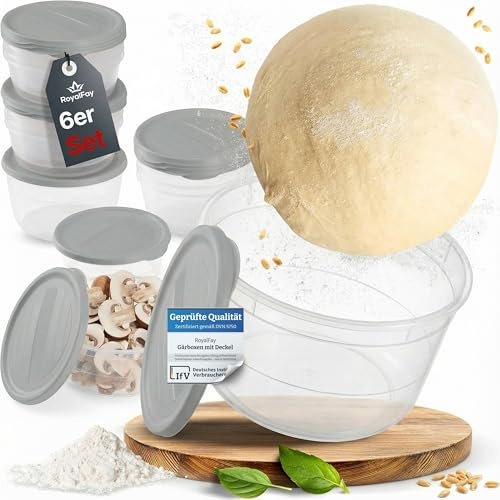 RoyalFay® Pizzaballenbox Piccolo 6er Set – stapelbare Gärbox mit Deckel Farbe Softgranit aus Kunststoff – lebensmittelechter Zutatenbehälter für Pizzateigballen – Made in EU