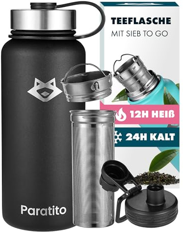 Paratito TEEFLASCHE Edelstahl Thermoskanne 1L mit Teesieb und Sportverschluss, auslaufsicher, für Kohlensäure, Spülmaschine Bundle Schwarz