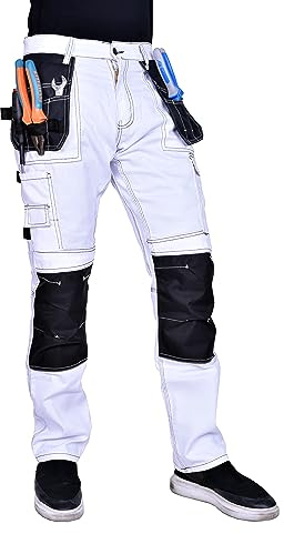 FASHIO FF Men's Construction Pants Tactical Field Pants Cordura Utility Work Safety Trousers with Knee Pad Pockets B2 White W32-L32
