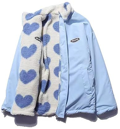 Sumleno Chaquetas de forro polar para mujer, reversibles, con estampado de corazón kawaii, con cremallera, abrigos estéticos Y2k Gyaru, Azul, XXL
