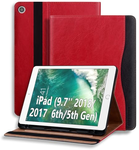 ONETHEFUL Hülle für iPad 9.7 Zoll 6. Generation 2018/5. Generation 2017 /iPad Air 1/2,Premium Pu Leder Klappständer Schutzhülle mit Stifthalter und Dokumentschlitze,Auto Schlafen/Wachen Rot