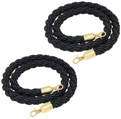 Hosifiy 2 Pack Barrier Ropes Made of Twine Black, 5 Feet Stanchion Support Rope for People Guidance with Gold Hooks, Barrier Rope for Party Decoration