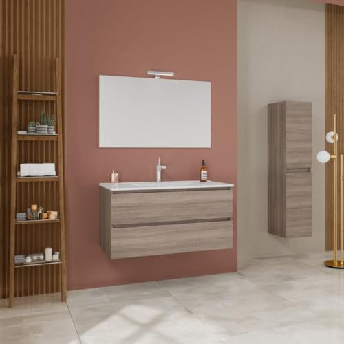 Kiamami Valentina - Mobile bagno sospeso 120cm 2 cassetti quercia naturale, lavabo 1 vasca e specchio 120x60 | Berlin