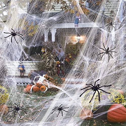 Halloween Spinnennetz Dekoration 60g, Halloween Deko Spinnennetz mit 20pcs Fake Spinnen, dehnbar Halloween Spinnweben Dekorationen für Kamin Tür Karneval Halloween Party 300 Sqft