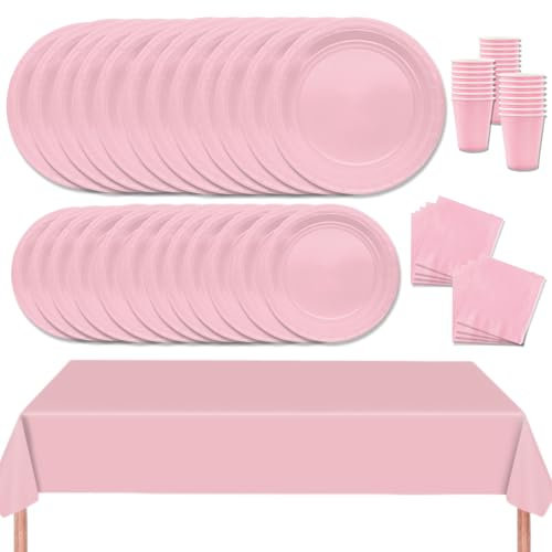 MORAINJAY Set di 69 Stoviglie Carta per feste,Rose Stoviglie Party Set Include Piatti,Tovaglioli,Tazze,Tovaglia per Compleanno,Baby Shower,Ristorante e Matrimoni Tinta Unita Decor -16 Ospiti