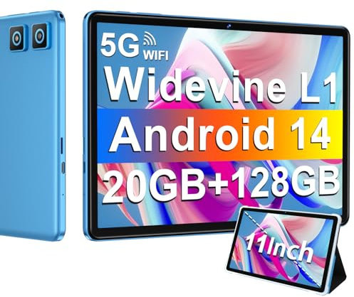Tablet 11 Pollici Android 14 con Widevine L1, 8000 mAh+Ricarica Rapida 18 W, 5MP+13MP, 20 GB RAM+128 GB ROM (Espandibile Fino a 1 TB), 5G Wi-Fi, GPS, Octa-Core 2.0 GHz, 1280*800, Face ID, USB-C, Blu
