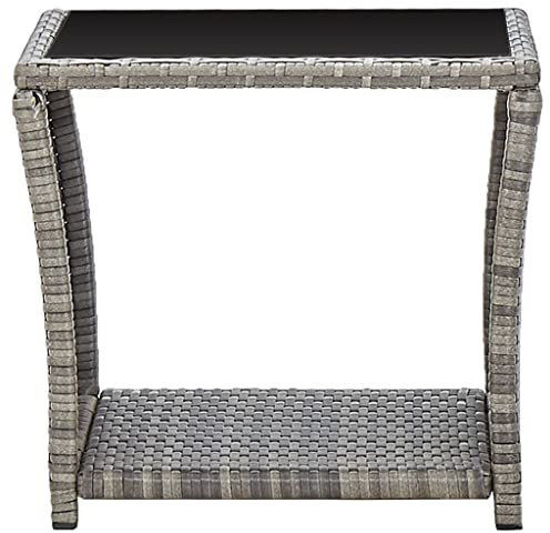 HETFTJN Garten Beistelltisch Balkontisch Klein Beistelltische Fürs Wohnzimmer Picknicktisch - Couchtisch Grau 45 x 45 x 40 cm Poly Rattan und Glas für Outdoor Speisesaal Balkon Aufenthaltsraum