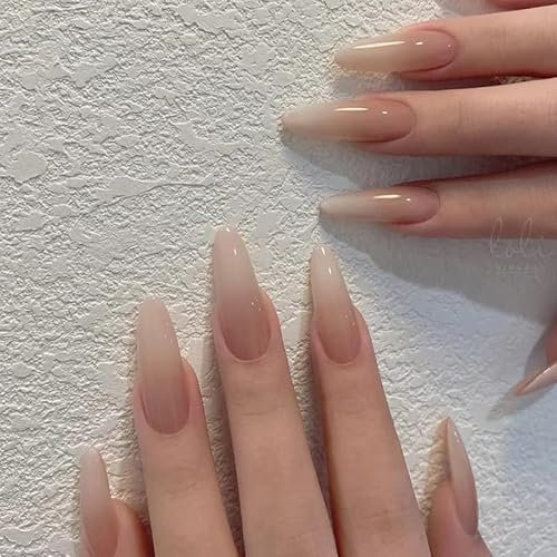 24STK Press on Nails Lang Mandelform, Nude Ombre Nägel Fingernägel zum Aufkleben, Künstliche Nägel Fake Nails Klebe Nägel Set Nagelspitzen Abnehmbare Drucknägel Damen Nagelkunst Zubehör