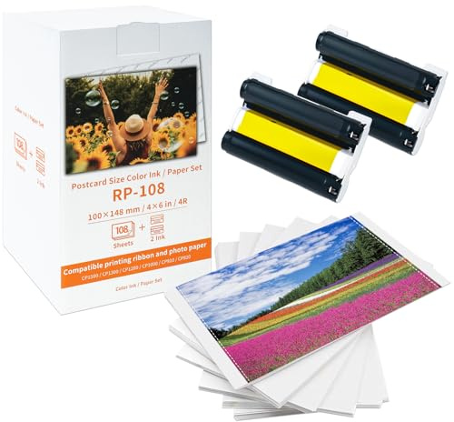 Compatible with Canon Selphy CP1500 RP-108 Color Ink Cartridge &Photo Paper | Only for Selphy CP1500 CP1300 CP1200 CP1000 CP910 CP820 Printer, 2 Ink Cartridges and 108 Photo Papers, RP-108IN 10x15 cm