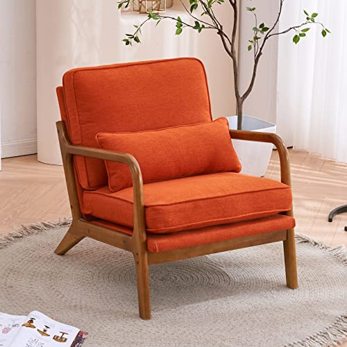 Karl home Linen-Blend Armchair with Oak Arms & Lumbar Pillow – Sturdy Tub Chair for Living Room, Bedroom, Lounge (150kg Capacity, Orange