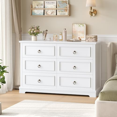 hefoths Cassettiera a 6 Cassetti, 120 cm Cassettiera Camera da Letto con Venature del Legno, Mobiletto Multiuso Armadietti da Camera da Letto per Soggiorno, Cucina, Bianca 84×39,5×120 cm
