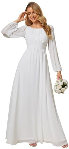 Ever-Pretty Women's Bright Round Neck Long Sleeve Chiffon Floor Length Evening Dresses ES0106B | Crewneck, Floor Length, A-Line, Smocked Waist, Mother of the Bride Dresses, Bridesmaid Dress, Evening Gown