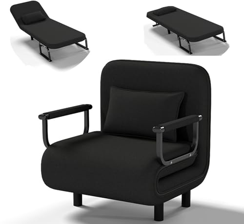 Fabulcozy Poltrona Letto 4 in 1 – Poltrona Letto Singolo Pieghevole con Cuscino, Poltrone Sofa Divano Schienale Reclinabile, Poltrone Sofa Pouf 60L x 68P x 85A cm(Nero)
