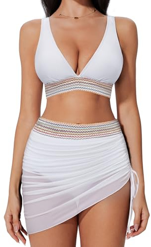 SUUKSESS Womens High Waisted Bikini Sets Sexy Mesh Two Piece Tummy Control Swimsuits Color Block Bathing Suit Swim Skirt (White,Medium)