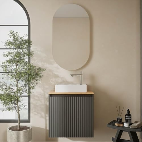 Planetmöbel Set mobili da bagno Lavabo con mobile sottolavabo | 56 x 55 x 30 cm antracite e rovere dorato, specchio decorativo da parete per bagno, 50,7 x 90,7 cm, senza cornice, ovale