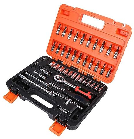 Akozon 46-Piece Socket Spanner, Sets 46 Piece Set 1 4 Inch Ratchet Box Nuts 46pcs Wrench Drive with Box/Cover Extension Bar