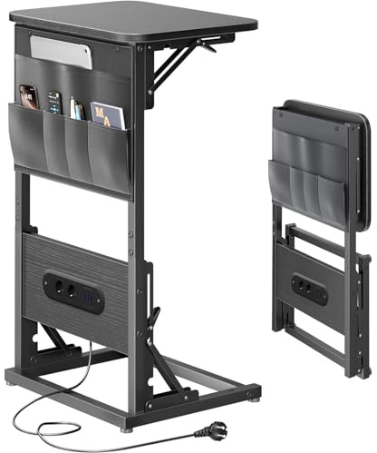 HLONONE Beistelltisch C Form, Klappbarer Sofatisch mit Steckdosen, Couchtisch mit Metallrahmen für Schlafzimmer und Wohnzimmer, 30 x 40 x 68.5 cm, Wohnzimmertisch für Kaffee und Laptop, Schwarz