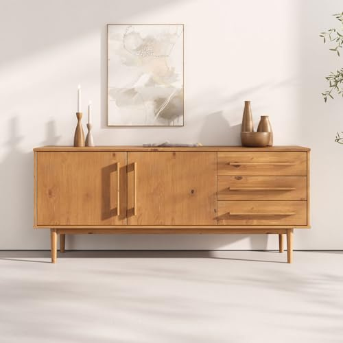 IDIMEX Sideboard TECCA mit 2 Türen und 3 Schubladen, Eiche Farben – Kommode aus Massivholz, Verstellbarer Einlegeboden, Wohnzimmermöbel im Mid-Century Style