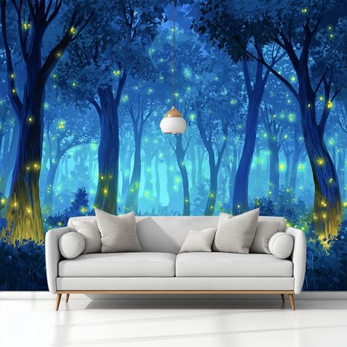 Générique Papier Peint Panoramique Forêt Magique Fantastique Lucioles Bleu Intissé Murale, Photo Murale pour Salon Chambre d'enfants restaurant Décoration Murale 350 x 256 cm