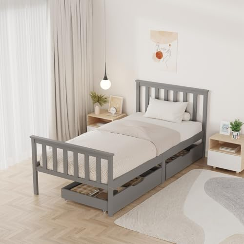 WestWood Wooden Single Bed Frame with Storage Drawers, Sturdy Bed Base for Adults, With Footboard, Wood Bed Frame Without Mattress Grey