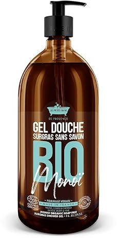 Gel Douche BIO Monoï 1L - Surgras Sans Savon - Les Petits Bains de Provence - Made in Provence - Formule Vegan - Made in France - Visage Corps Cheveux - Peaux Sensibles