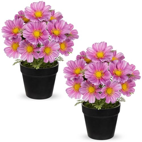 Oairse Set of 2 Artificial Cosmos Flowers in Pot, Small Faux Potted Plants Indoor, Realistic Purple Artificial Floral Arrangement with Pot for Desk Table Centerpieces Shelf Office Kitchen Home Decor