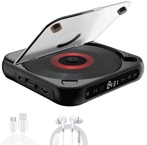 Lettore CD portatile con Bluetooth, lettore CD con altoparlante, lettore CD compatto per casa/viaggio/studio, cavo USB-C e auricolari inclusi (nero)