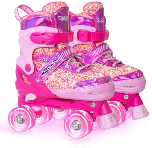Nattork Patins à roulettes pour enfants, patins à roulettes réglables en 4 tailles pour filles débutantes, intérieur et extérieur