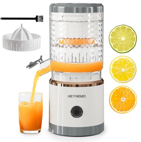 Heynemo Electric Citrus Juicer, 90W Automatic Juice Squeezer with High-Speed 15,000 RPM, Ideal for Lemon, Orange, Soft Fruits, and Grapefruit, Compact and Easy to Clean, Includes Cleaning Brush，Grey