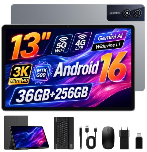 Tablet 13 Pollici Android 16, Display 3K 2944×1840, Dual SIM 4G LTE+5G WiFi, 36GB RAM 256GB ROM/1TB TF, Helio G99 Octa-Core, Widevine L1/Gemini AI/11580mAh/GPS/13MP, Tablet con Tastiera/Mouse/Custodia