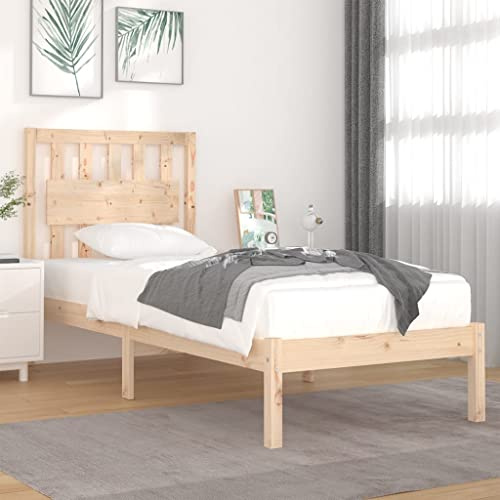 QJBSAVVA Massivholzbett Kiefer 90x200 cm, Einzelbett unbehandelt, robuster Bettrahmen mit Kopfteil, Komfortables Jugendbett & Gästebett für Schlafzimmer, Skandi Landhausstil