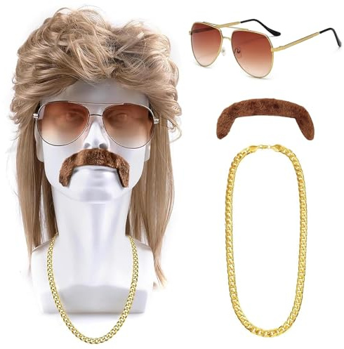 CHRI 80er Jahre Outfit Herren Perücken Vokuhila 4er Set Männer | 70er 80er Jahre Kostüm Accessoires Herren Vokuhila Perücke für Rocker Disco Punk Hippie Karneval Fasching Perücke(Blond-2)