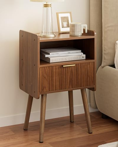 HEYZOEY Mesita de Noche, mesita de Noche Moderna de Madera con cajón de Almacenamiento, Mesa Auxiliar para Dormitorio, Sala de Estar, Oficina (Nogal)