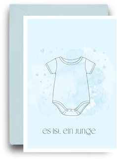 WBdesignz Geburtskarte „Es ist ein Junge“ mit blauem Umschlag - Karte mit Babybody-Motiv für die Geburt eines Sohnes - süße Glückwunschkarte zur Schwangerschaft, Babyparty - für Eltern (DIN A6)