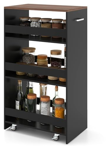 GIANTEX Carrello per Nicchia con Ruote, 4 Livelli，Carrello di Servizio Stretto Salvaspazio, da Bagno, Scaffale da Cucina Sottile 47,5 x 13 x 80,5 cm (Marrone+Nero, Largo 30 cm)