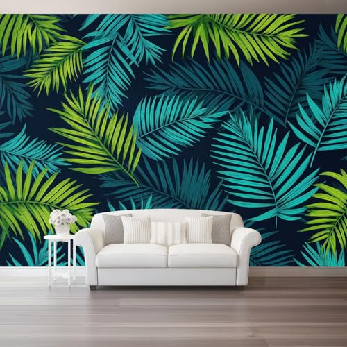 Papel Pintado Mural de Pared Decorativo Azul oscuro, Murales para Salón Dormitorio Oficina, Tema de diseño Minimalismo Tropical Hojas de palma, Decoración Interior, 200 x 140 cm