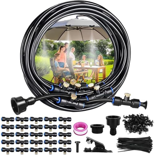 JUQG 18M Dispositivo de Enfriamiento por Aspersión, Sistema de Riego de Jardines, 106Pcs Kit de Pulverización de Jardín, Adecuado para Eventos al Aire Libre, Jardines, Patios, Sombrillas y Techos