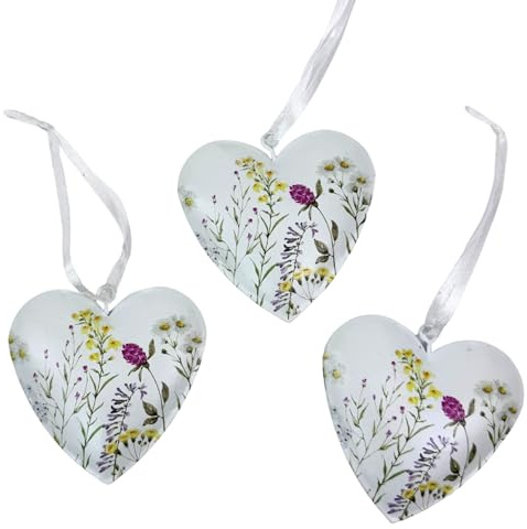3X Metall Anhänger Herz 7cm Metallherzen zum Hängen in Weiß mit Blumendruck | Geschenkanhänger, bunte Blumen, leichte Deko, Vintage Look, Frühling, Sommer Deko, Tischdeko Ideen