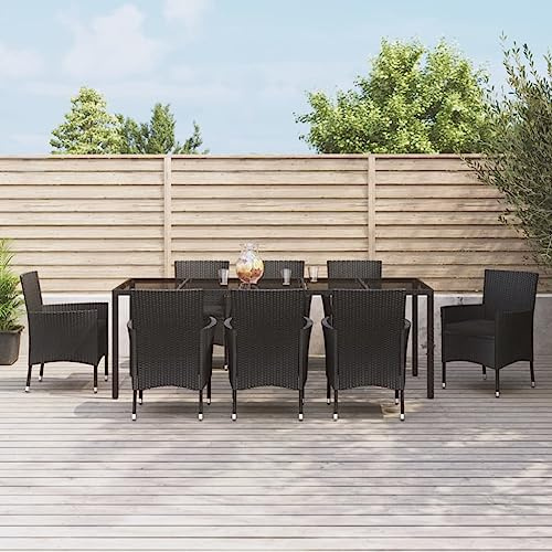 RMIHSJG 9 pezzi Gruppo da giardino con cuscino nero polyrattan, 4 sedie e tavolo in rattan PE resistente alle intemperie con struttura in acciaio verniciato a polvere, comodi cuscini imbottiti e