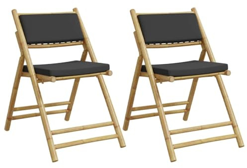 Yisssmeng Bistrostühle 2er Set klappbar aus massivem Bambus 59x51x87 cm mit gepolsterten dunkelgrauen Kissen für Outdoor Balkon Terrasse Garten