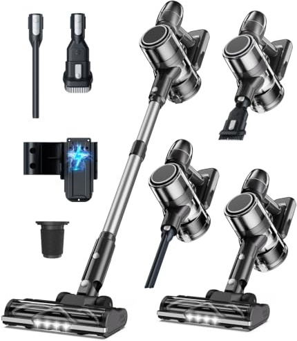 Syntecno Aspirateur Balai sans Fil Puissant - Électrique Silencieux Aspirateurs Balais Autonomie Rechargeable Batterie avec Cyclonique Brosse LED Cordless Vacuum Cleaner