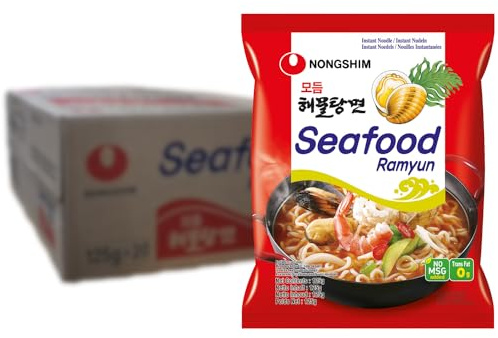 NONGSHIM - Nouilles instantanées aux fruits de mer Ramyun - Multipack (20 X 125 GR) (L'emballage peut varier) | Nouilles instantanées coréennes, préparées en 3 minutes, pratiques à emporter, idéales comme snack rapide