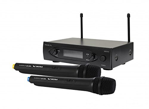 Proel WM101DM - Doppio Radiomicrofono Wireless Professionale UHF a Gelato e Centralina ricevente a due canali con uscite indipendenti, Nero (WM101DM)